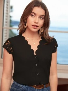 SHEIN Frenchy Contrast Lace Scallop V-neck Blouse - Black - View 1