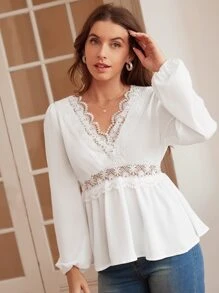 SHEIN Frenchy Contrast Guipure Lace Lantern Sleeve Peplum Top - White - View 3