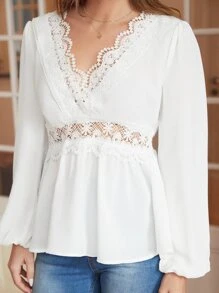 SHEIN Frenchy Contrast Guipure Lace Lantern Sleeve Peplum Top - White - View 4