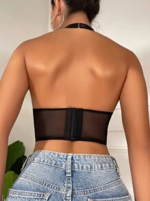 Ruched Contrast Lace Backless Bustier Satin Halter Bralet - Black - View 2