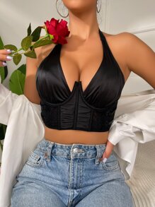 Ruched Contrast Lace Backless Bustier Satin Halter Bralet - Black - View 4