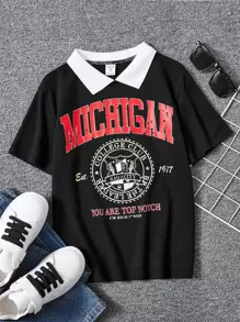 SHEIN Tween-Jungen Kurzärmliges Poloshirt mit Splice-Farbblock-Print-Kragen