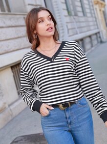SHEIN Frenchy Striped Print Heart Embroidery Drop Shoulder Sweatshirt Winter - Blue and White - View 1