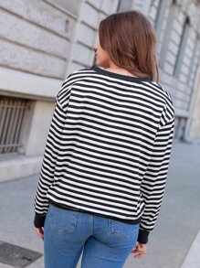 SHEIN Frenchy Striped Print Heart Embroidery Drop Shoulder Sweatshirt Winter - Blue and White - View 2
