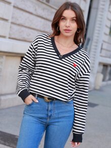 SHEIN Frenchy Striped Print Heart Embroidery Drop Shoulder Sweatshirt Winter - Blue and White - View 4