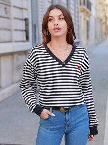 SHEIN Frenchy Striped Print Heart Embroidery Drop Shoulder Sweatshirt Winter - Blue and White - View 6