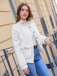 SHEIN Frenchy Abrigo con bolsillo con solapa de hombros caídos tweed - Blanco - Ver 4