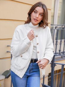 SHEIN Frenchy Abrigo con bolsillo con solapa de hombros caídos tweed - Blanco - Ver 5