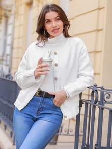 SHEIN Frenchy Abrigo con bolsillo con solapa de hombros caídos tweed - Blanco - Ver 6