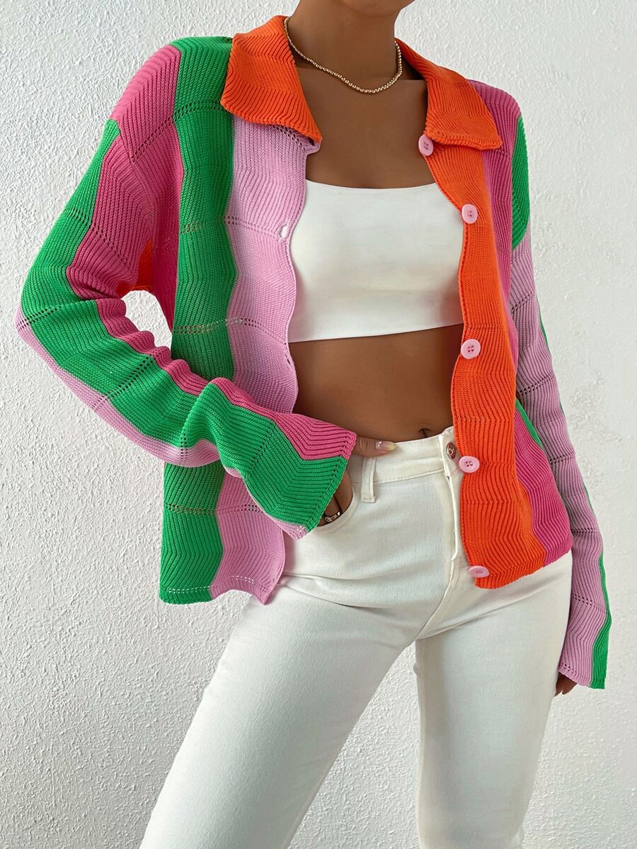 Muchica Colour Block Eyelet Detail Drop Shoulder Cardigan - Multicolor - View 1