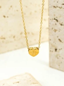 Letter Detail Heart Charm Necklace - Yellow Gold - View 1