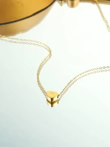 Letter Detail Heart Charm Necklace - Yellow Gold - View 4