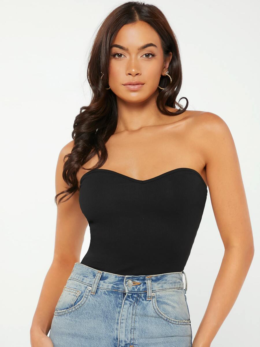 SHEIN BASICS Ribbed Knit Solid Tube Top - Black - View 1