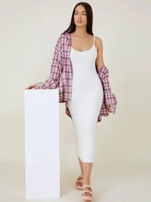 SHEIN BASICS Chất rắn Quần áo bó Cami Giải trí Bữa tối Ngày đêm Đầm - trắng - Xem 4