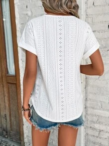 SHEIN LUNE 網眼刺繡蝙蝠袖T恤 - 白色 - 查看 2
