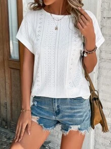 SHEIN LUNE 網眼刺繡蝙蝠袖T恤 - 白色 - 查看 4