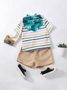 Toddler Boys Striped Tee & Shorts & Tropical Print Bib - Multicolor - View 1