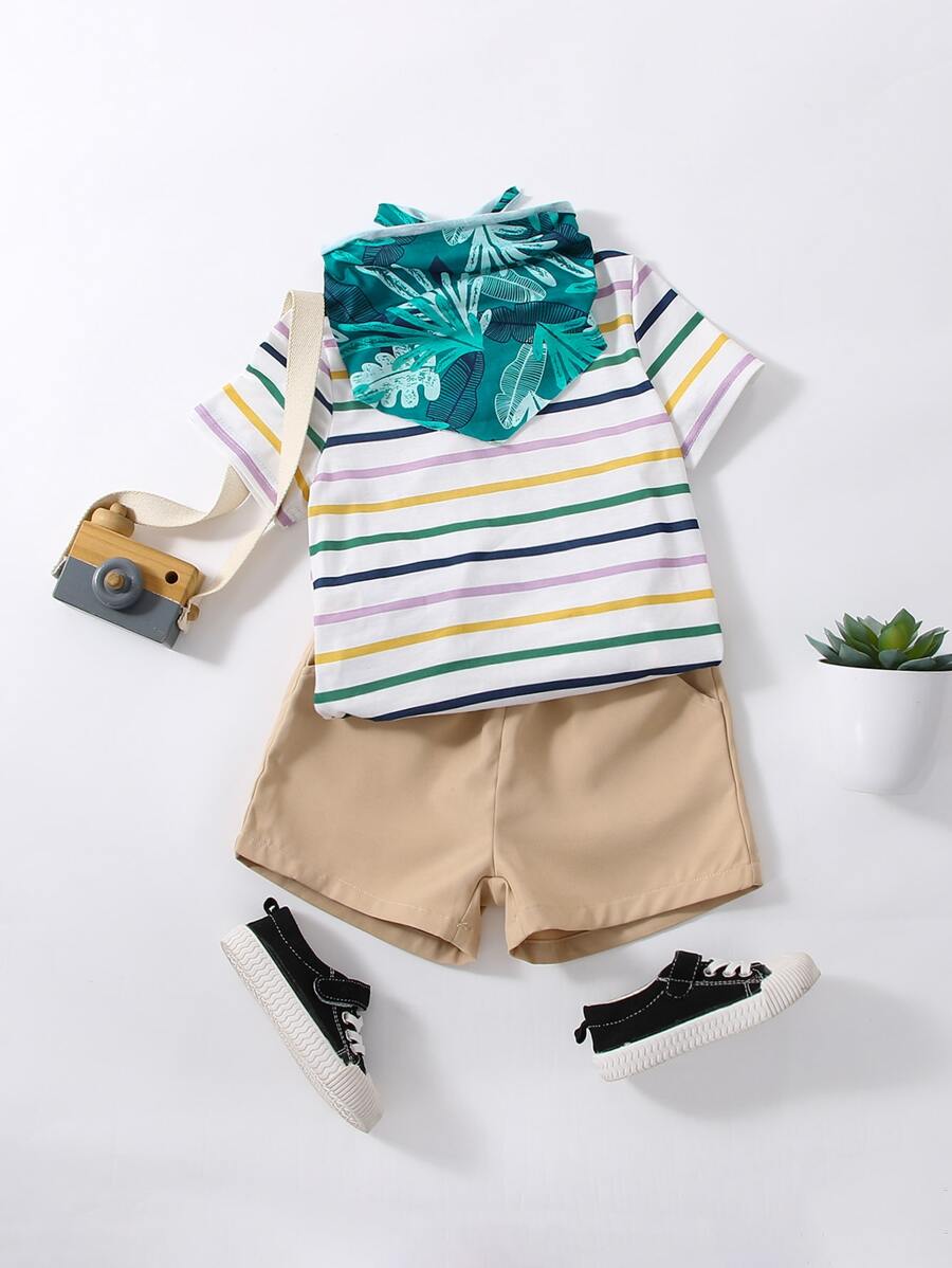 Toddler Boys Striped Tee & Shorts & Tropical Print Bib - Multicolor - View 1