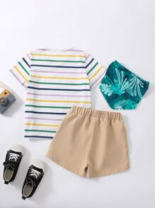 Toddler Boys Striped Tee & Shorts & Tropical Print Bib - Multicolor - View 2