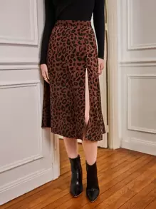 SHEIN Frenchy Split Thigh Leopard Print Skirt Winter Cheetah Brown - Coffee Brown - View 1
