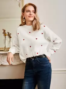 SHEIN Frenchy Mock Neck Heart Pattern Drop Shoulder Jumper - White - View 1