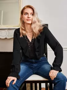 SHEIN Frenchy Áo sơ mi nữ Xù màu trơn Giải trí - màu đen - Xem 1