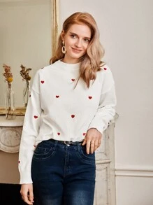 SHEIN Frenchy Mock Neck Heart Pattern Drop Shoulder Jumper - White - View 3