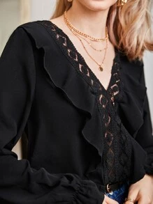 SHEIN Frenchy Áo sơ mi nữ Xù màu trơn Giải trí - màu đen - Xem 3