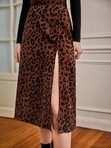 SHEIN Frenchy Split Thigh Leopard Print Skirt Winter Cheetah Brown - Coffee Brown - View 4
