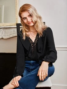 SHEIN Frenchy Áo sơ mi nữ Xù màu trơn Giải trí - màu đen - Xem 4