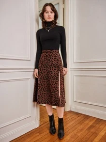 SHEIN Frenchy Split Thigh Leopard Print Skirt Winter Cheetah Brown - Coffee Brown - View 5