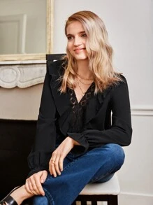 SHEIN Frenchy Áo sơ mi nữ Xù màu trơn Giải trí - màu đen - Xem 5