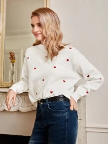 SHEIN Frenchy Mock Neck Heart Pattern Drop Shoulder Jumper - White - View 6