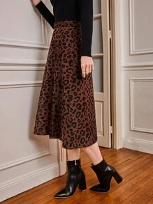 SHEIN Frenchy Split Thigh Leopard Print Skirt Winter Cheetah Brown - Coffee Brown - View 6