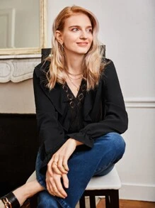 SHEIN Frenchy Áo sơ mi nữ Xù màu trơn Giải trí - màu đen - Xem 6