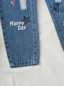 小女童卡通和字母圖案破洞牛仔褲