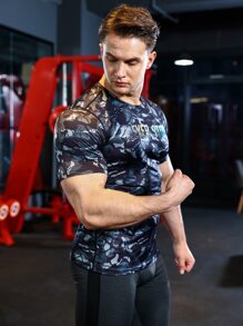 Men Slogan Graphic Sports Tee - Multicolor - View 1