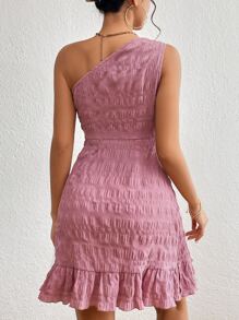 SHEIN VCAY Knot Detail Ruffle Hem One Shoulder Dress - Pink - View 2