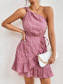 SHEIN VCAY Knot Detail Ruffle Hem One Shoulder Dress - Pink - View 3