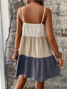 SHEIN LUNE Color Block Ruffle Hem Cami Dress - Multicolor - View 2