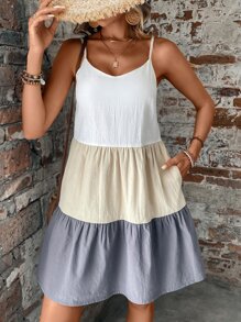 SHEIN LUNE Color Block Ruffle Hem Cami Dress - Multicolor - View 5