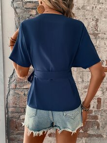 SHEIN LUNE Solid Knot Side Wrap Blouse - Blue - View 2