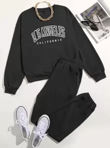 Flirla 大碼字母圖案運動衫和衛褲 - 黑色 - 查看 1