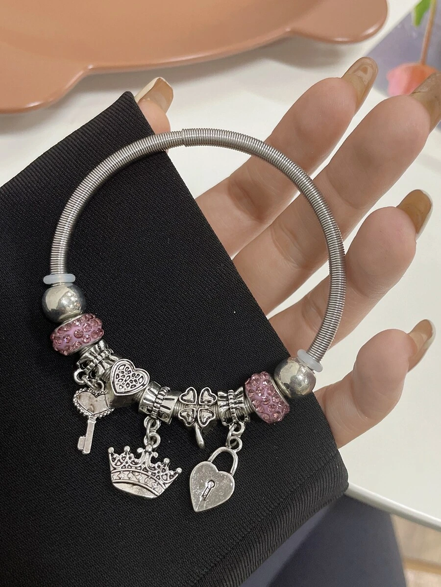 Crown & Heart Key Charm Bangle - Multicolor - View 1