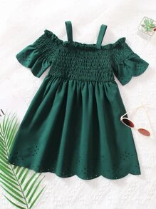 Toddler Girls Cold Shoulder Flounce Sleeve Laser Cut Out Shirred Dress - Dark Green - View 1