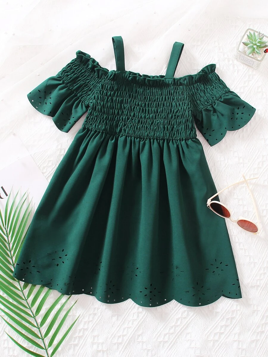Toddler Girls Cold Shoulder Flounce Sleeve Laser Cut Out Shirred Dress - Dark Green - View 1