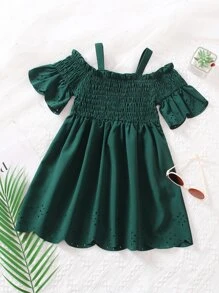 Toddler Girls Cold Shoulder Flounce Sleeve Laser Cut Out Shirred Dress - Dark Green - View 2