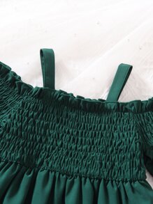 Toddler Girls Cold Shoulder Flounce Sleeve Laser Cut Out Shirred Dress - Dark Green - View 3