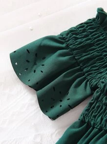 Toddler Girls Cold Shoulder Flounce Sleeve Laser Cut Out Shirred Dress - Dark Green - View 5