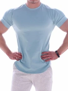 Manfinity Sport PWRUP Boyfriend Style Men Solid Crew Neck Sports Tee  Workout Tops , Training , Graphic , Compression , Plain Workout Tops Gym Top Breathable - Baby Blue - View 3